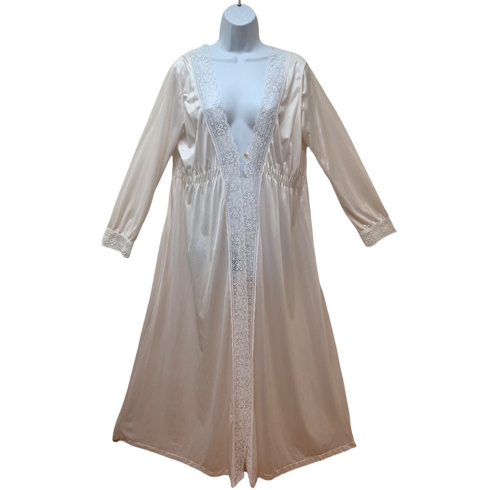 Vintage J.P. Stevens Cream Lace Trim Maxi Robe Empire Waist Long Sleeve Fit L